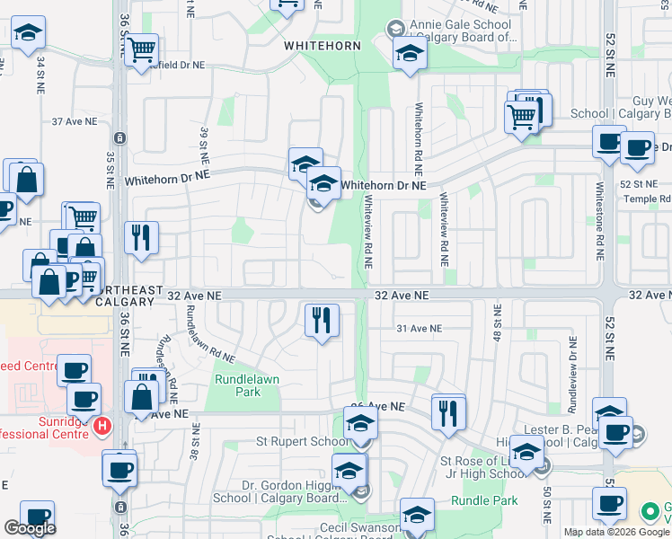 map of restaurants, bars, coffee shops, grocery stores, and more near 39 Whitnel Court Northeast in Calgary