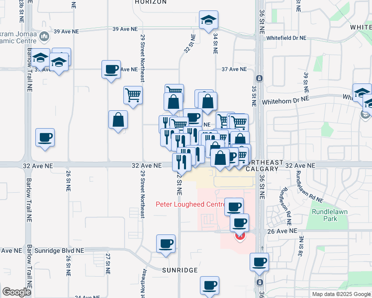 map of restaurants, bars, coffee shops, grocery stores, and more near 3310 36 Street Northeast in Calgary