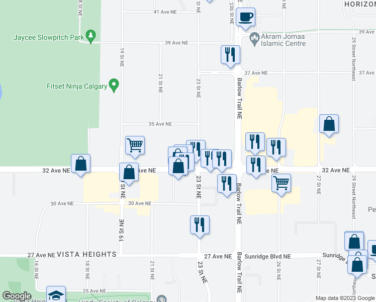 map of restaurants, bars, coffee shops, grocery stores, and more near 3333 U 23 Street Northeast in Calgary