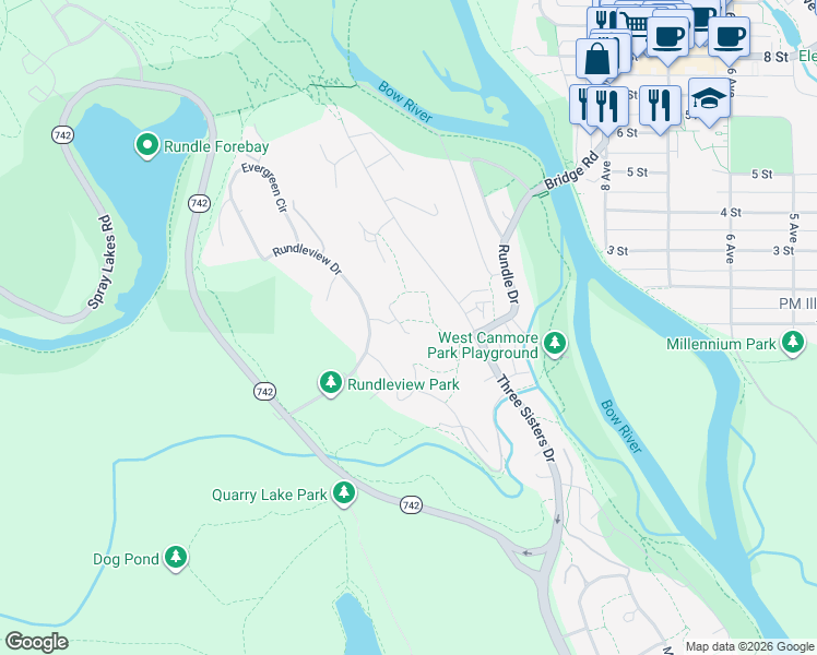 map of restaurants, bars, coffee shops, grocery stores, and more near 105 China Close in Canmore