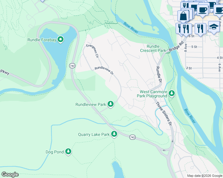map of restaurants, bars, coffee shops, grocery stores, and more near 108 Wilson Place in Canmore
