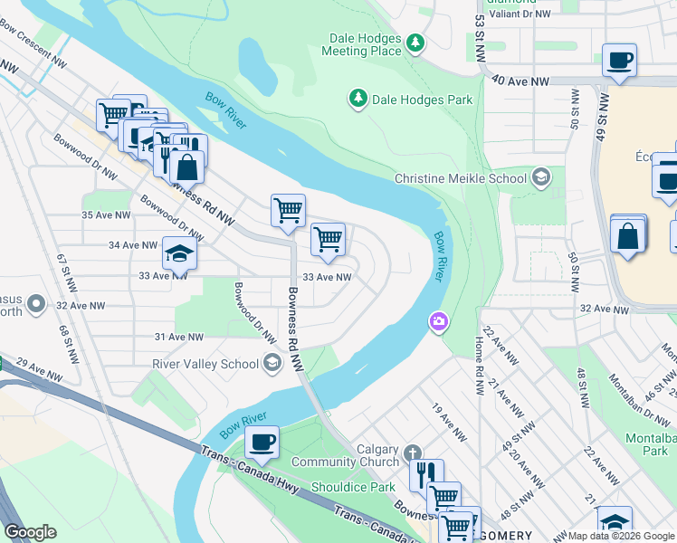 map of restaurants, bars, coffee shops, grocery stores, and more near 6012 33 Avenue Northwest in Calgary