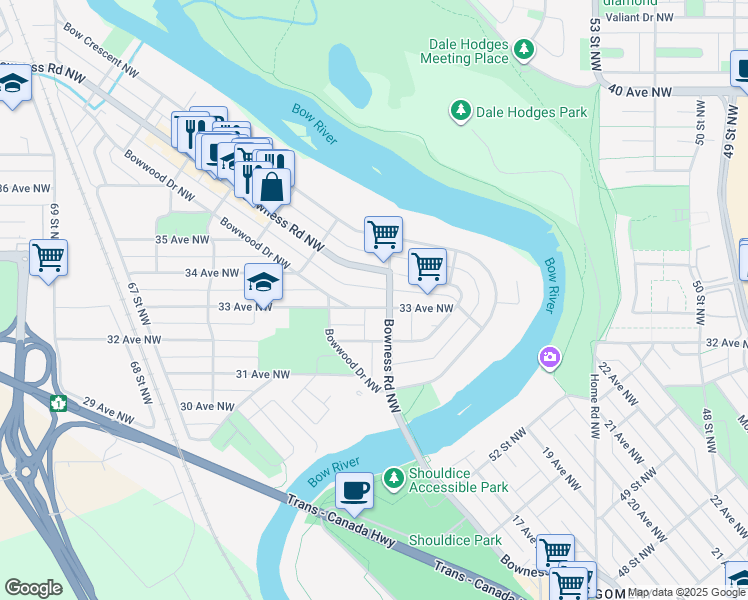 map of restaurants, bars, coffee shops, grocery stores, and more near 6112 33 Avenue Northwest in Calgary