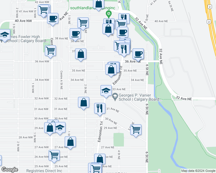 map of restaurants, bars, coffee shops, grocery stores, and more near 3419 Edmonton Trail in Calgary
