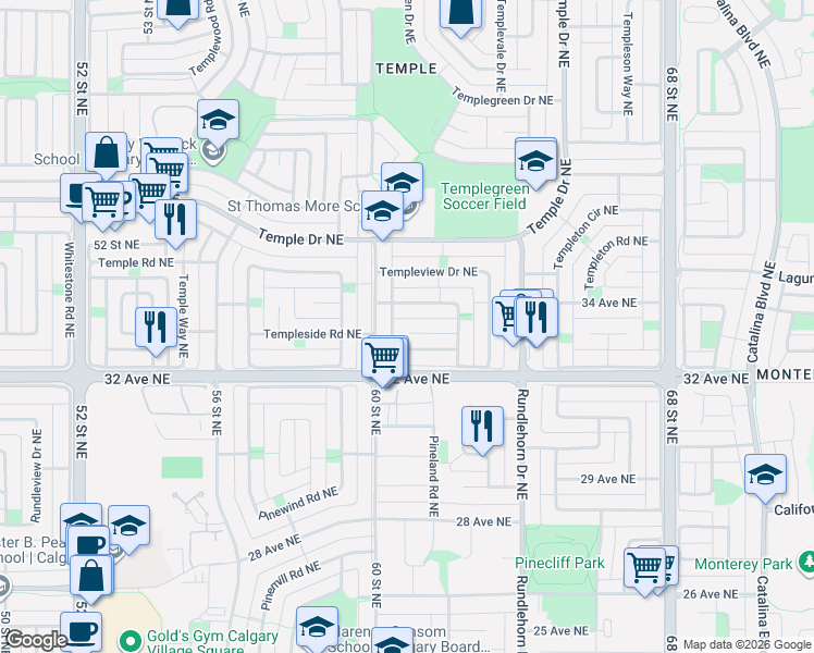 map of restaurants, bars, coffee shops, grocery stores, and more near 144 Templeview Place Northeast in Calgary