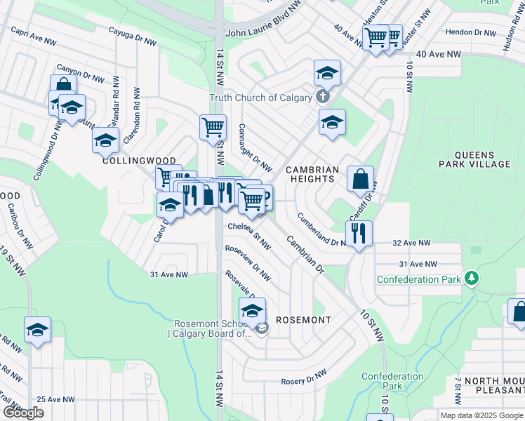 map of restaurants, bars, coffee shops, grocery stores, and more near 119 Cambrian Drive Northwest in Calgary