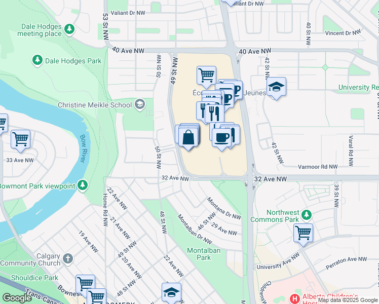 map of restaurants, bars, coffee shops, grocery stores, and more near 3625 Shaganappi Tr NW in Calgary