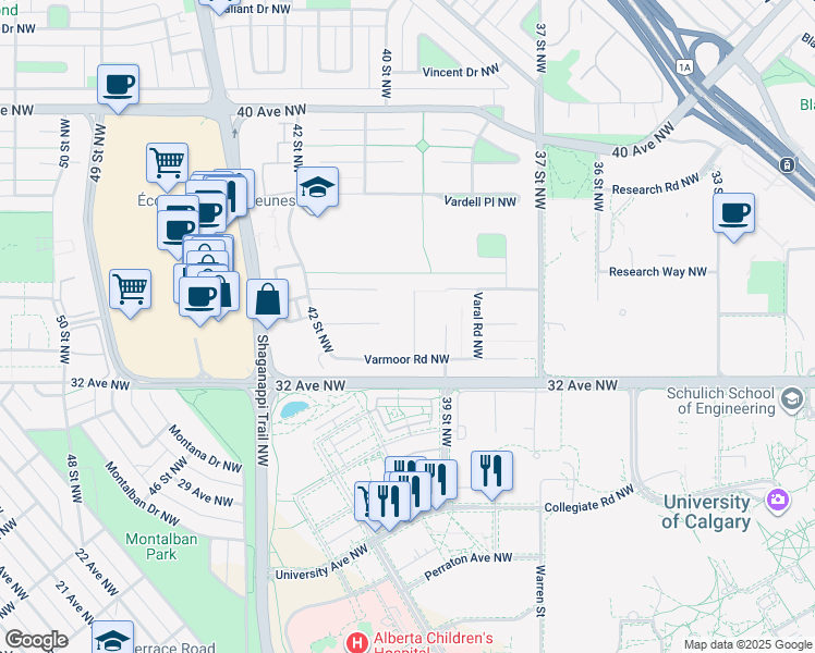map of restaurants, bars, coffee shops, grocery stores, and more near 34 Vartown Place Northwest in Calgary