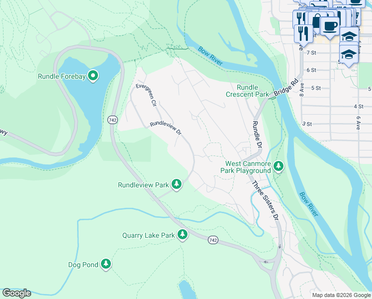 map of restaurants, bars, coffee shops, grocery stores, and more near 108 Wilson Place in Canmore