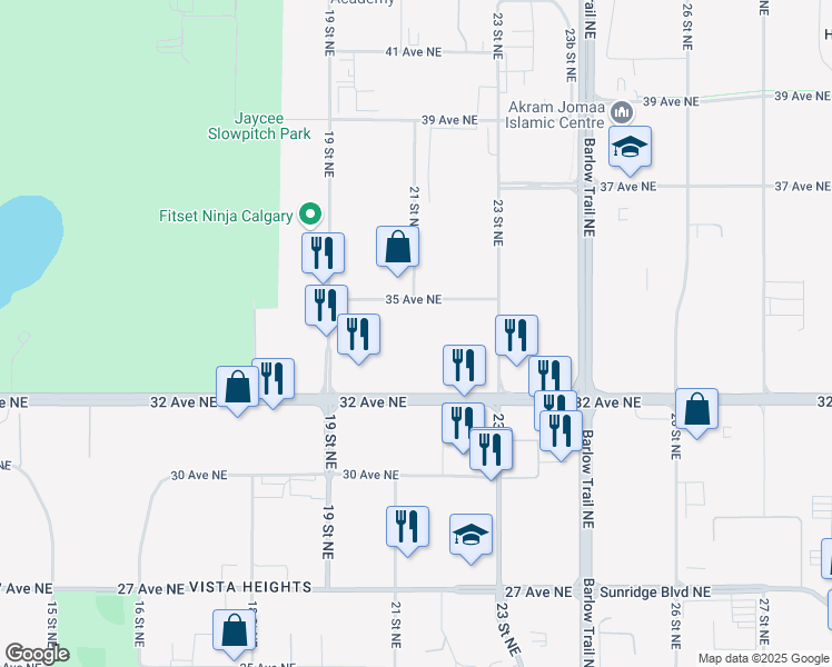 map of restaurants, bars, coffee shops, grocery stores, and more near 2020 32 Avenue Northeast in Calgary