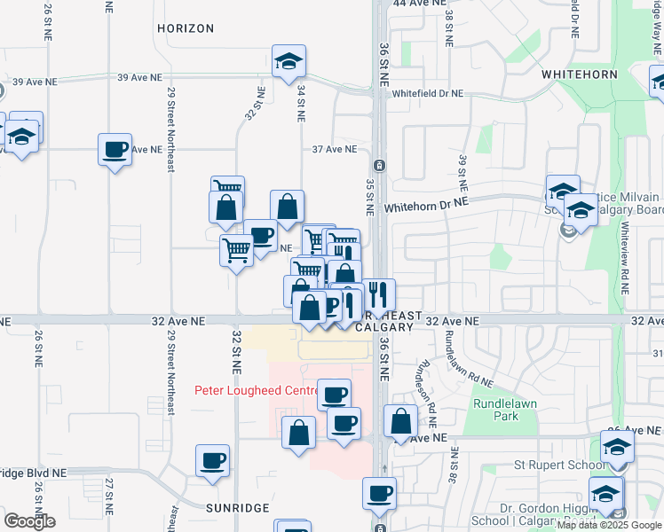map of restaurants, bars, coffee shops, grocery stores, and more near 3550 32 Avenue Northeast in Calgary