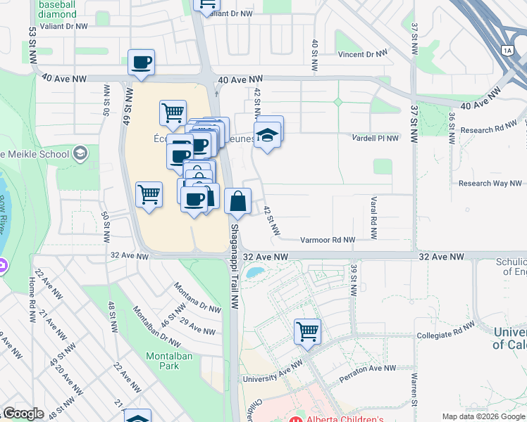 map of restaurants, bars, coffee shops, grocery stores, and more near 3437 42 Street Northwest in Calgary
