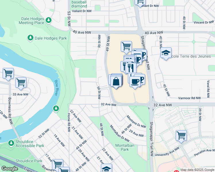 map of restaurants, bars, coffee shops, grocery stores, and more near in Calgary