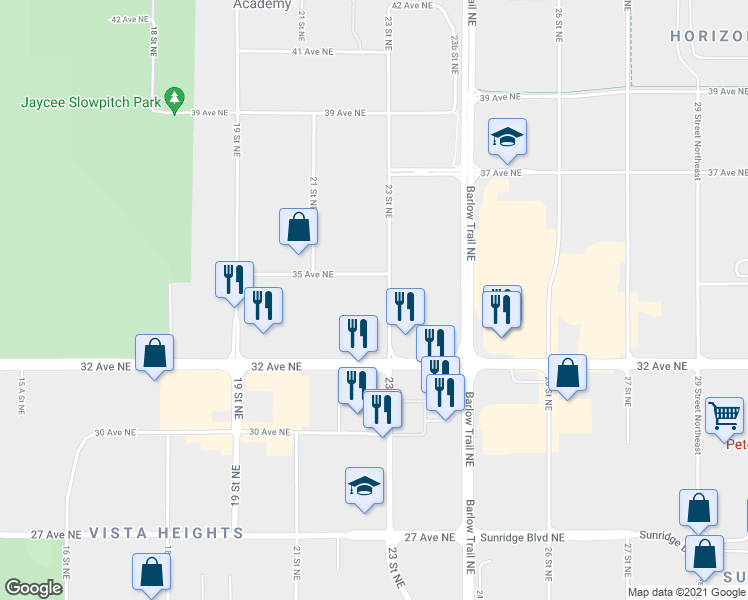 map of restaurants, bars, coffee shops, grocery stores, and more near 3333 U 23 Street Northeast in Calgary