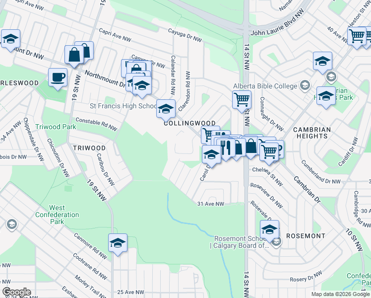 map of restaurants, bars, coffee shops, grocery stores, and more near 61 Confederation Villas Northwest in Calgary