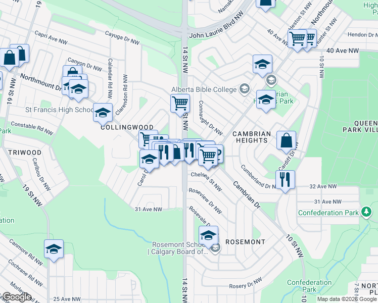 map of restaurants, bars, coffee shops, grocery stores, and more near 3512 14 Street Northwest in Calgary