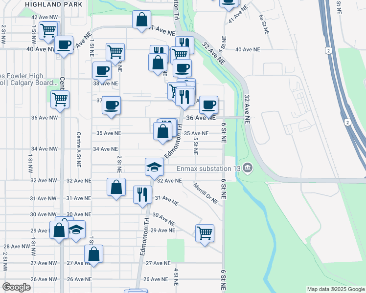 map of restaurants, bars, coffee shops, grocery stores, and more near 3515 Edmonton Trail in Calgary