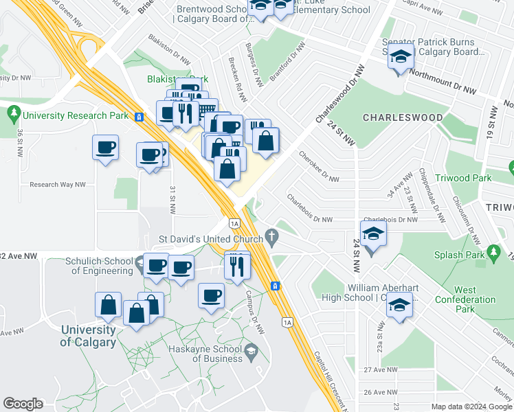 map of restaurants, bars, coffee shops, grocery stores, and more near 3815 Charleswood Crescent Northwest in Calgary