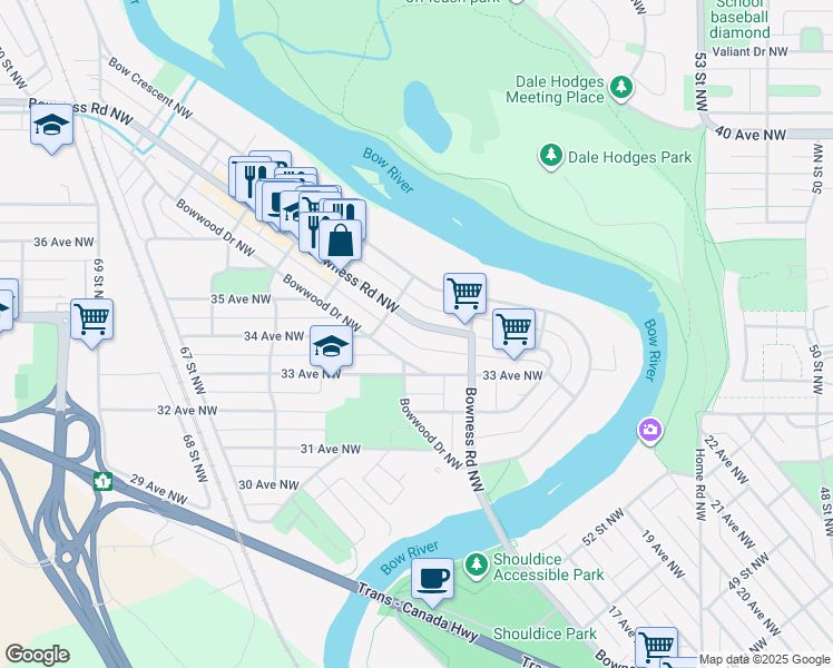 map of restaurants, bars, coffee shops, grocery stores, and more near 6131 Bowness Road Northwest in Calgary