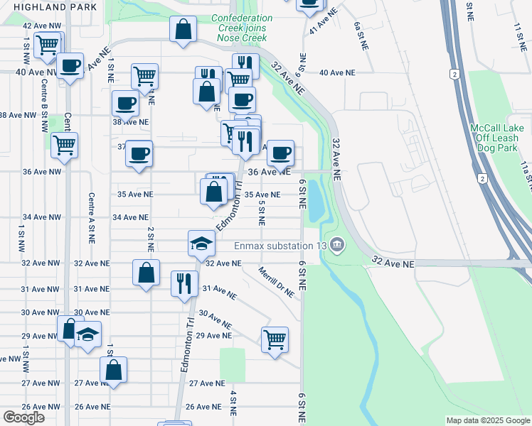 map of restaurants, bars, coffee shops, grocery stores, and more near 602 34 Avenue Northeast in Calgary