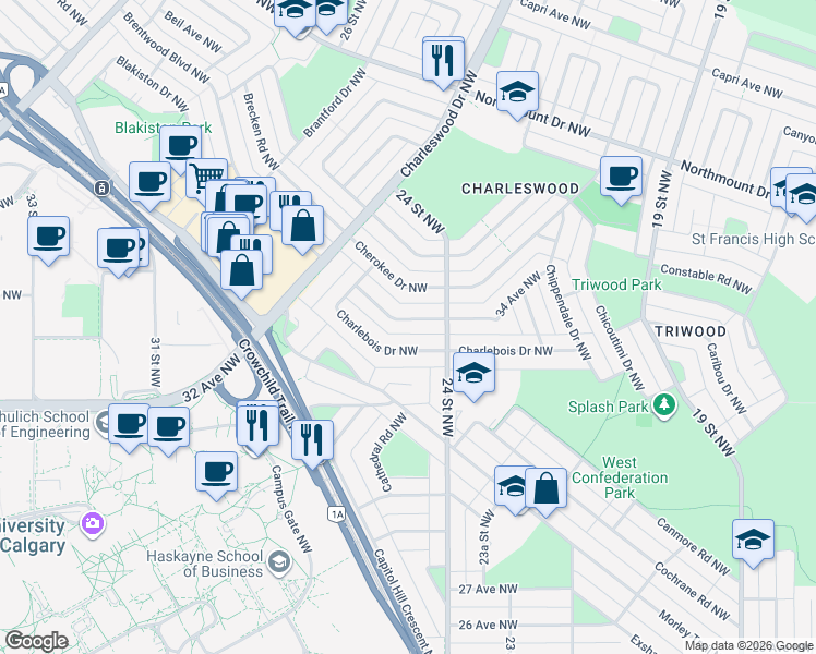 map of restaurants, bars, coffee shops, grocery stores, and more near 2620 34 Avenue Northwest in Calgary