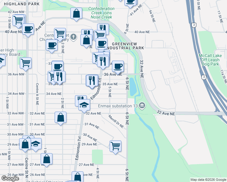 map of restaurants, bars, coffee shops, grocery stores, and more near in Calgary