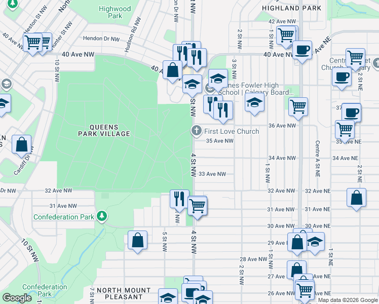 map of restaurants, bars, coffee shops, grocery stores, and more near 3425 4 Street Northwest in Calgary