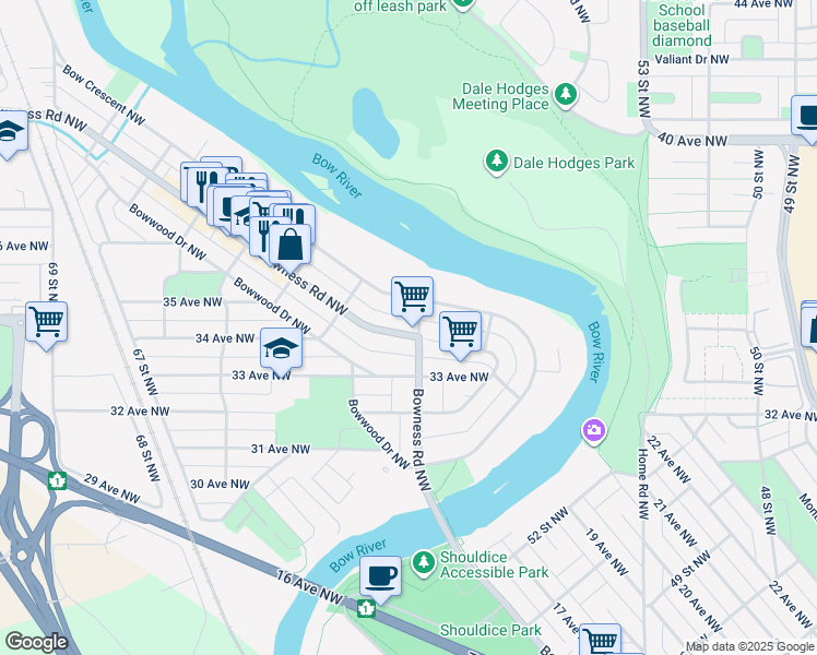 map of restaurants, bars, coffee shops, grocery stores, and more near in Calgary