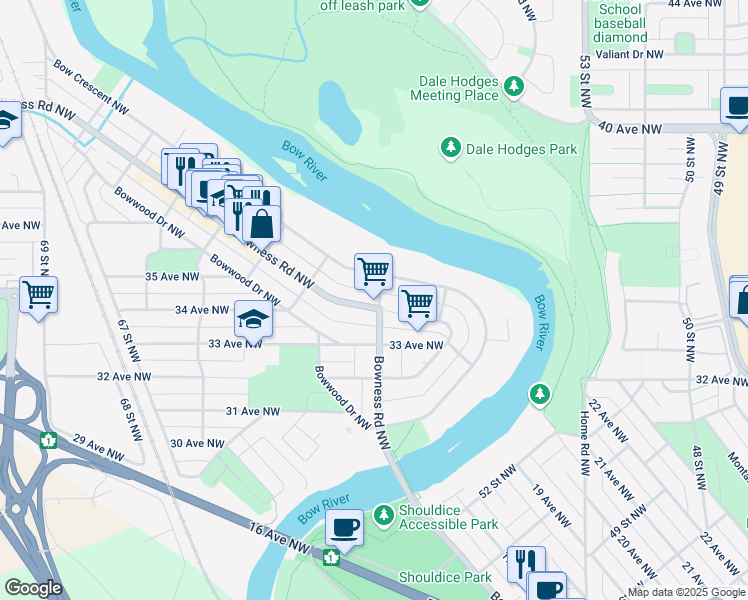map of restaurants, bars, coffee shops, grocery stores, and more near in Calgary