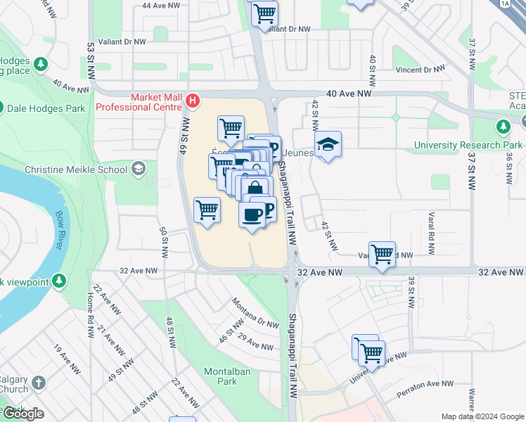 map of restaurants, bars, coffee shops, grocery stores, and more near 3543 Shaganappi Trail Northwest in Calgary