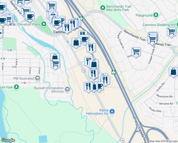 map of restaurants, bars, coffee shops, grocery stores, and more near 103 Montane Road in Canmore
