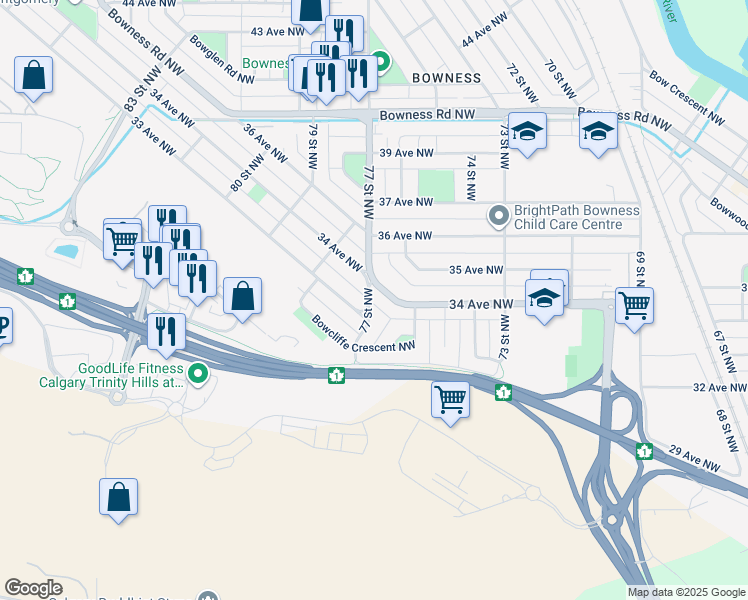map of restaurants, bars, coffee shops, grocery stores, and more near 1731 77 Street Northwest in Calgary