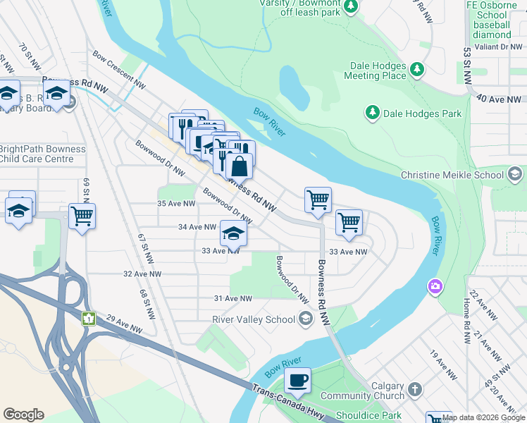 map of restaurants, bars, coffee shops, grocery stores, and more near in Calgary