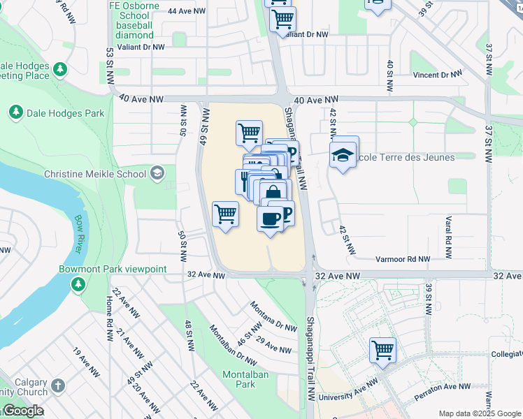 map of restaurants, bars, coffee shops, grocery stores, and more near 3625 Shaganappi Tr NW in Calgary