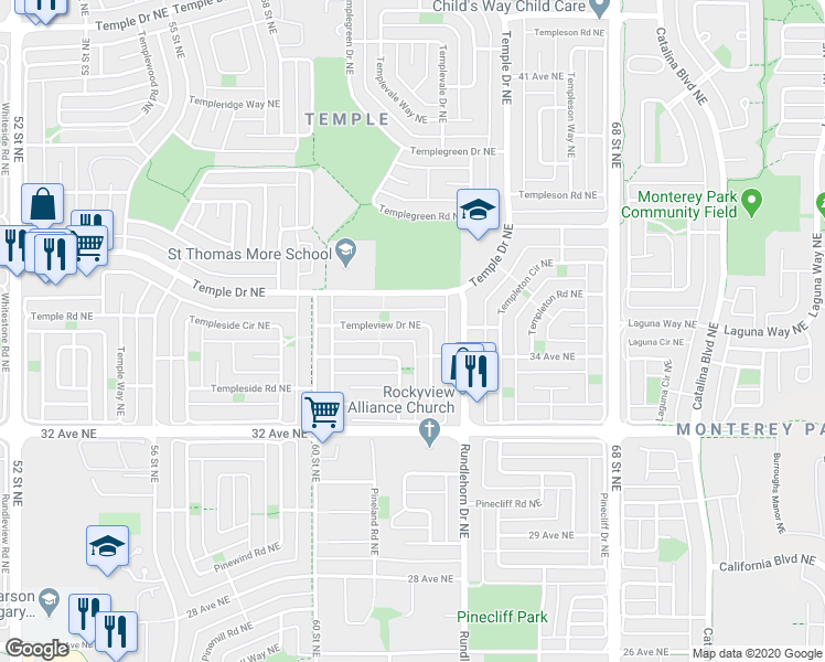 map of restaurants, bars, coffee shops, grocery stores, and more near 355 Templeview Drive Northeast in Calgary