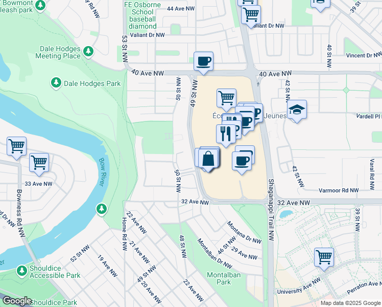 map of restaurants, bars, coffee shops, grocery stores, and more near in Calgary