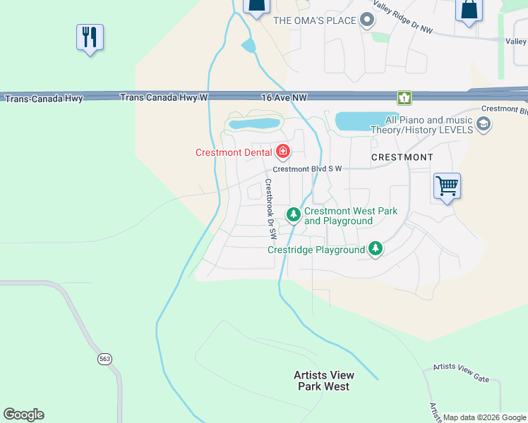 map of restaurants, bars, coffee shops, grocery stores, and more near 11 Crestbrook Link in Calgary