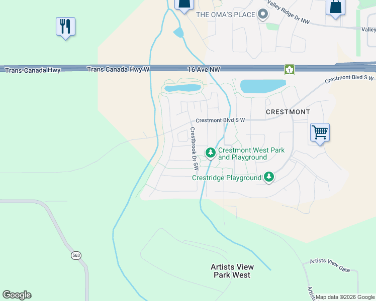 map of restaurants, bars, coffee shops, grocery stores, and more near 11 Crestbrook Link in Calgary