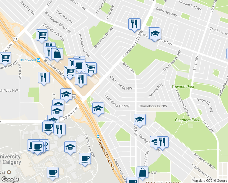 map of restaurants, bars, coffee shops, grocery stores, and more near 2620 34 Ave NW in Calgary