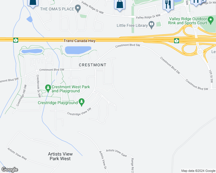 map of restaurants, bars, coffee shops, grocery stores, and more near 121 Crestridge Way Southwest in Calgary