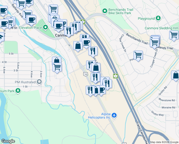 map of restaurants, bars, coffee shops, grocery stores, and more near 103 Montane Road in Canmore