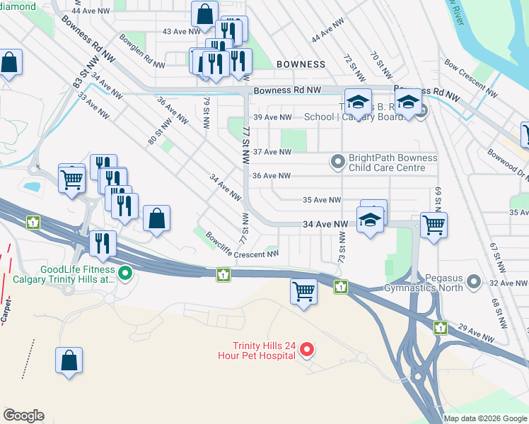 map of restaurants, bars, coffee shops, grocery stores, and more near 7712 34 Avenue Northwest in Calgary