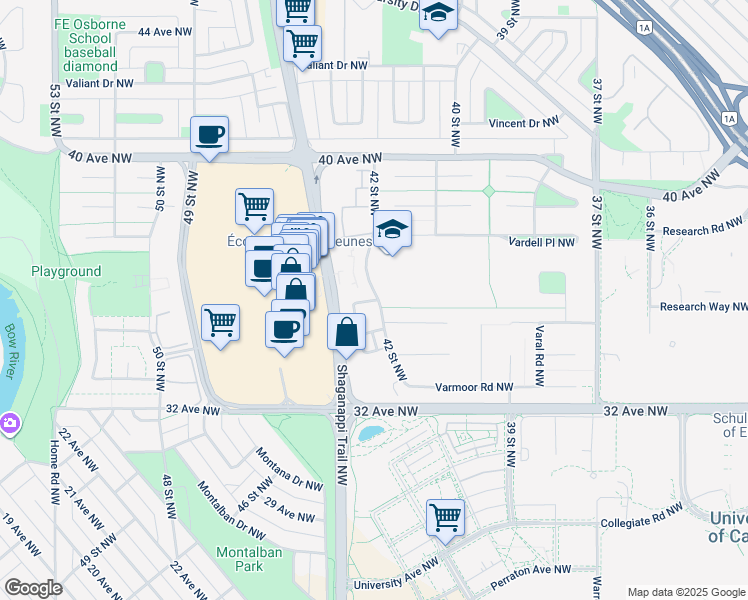 map of restaurants, bars, coffee shops, grocery stores, and more near 3543 Shaganappi Trail Northwest in Calgary