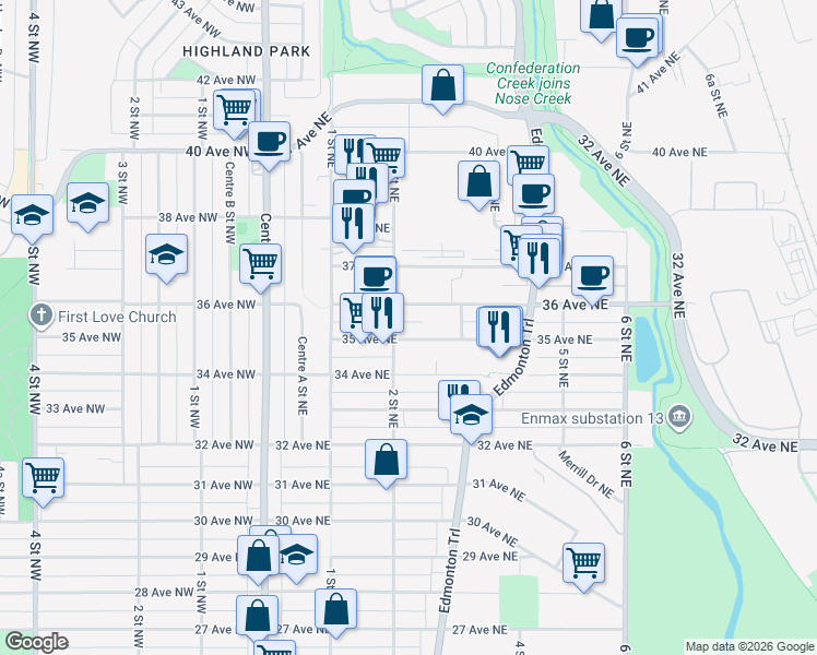 map of restaurants, bars, coffee shops, grocery stores, and more near in Calgary