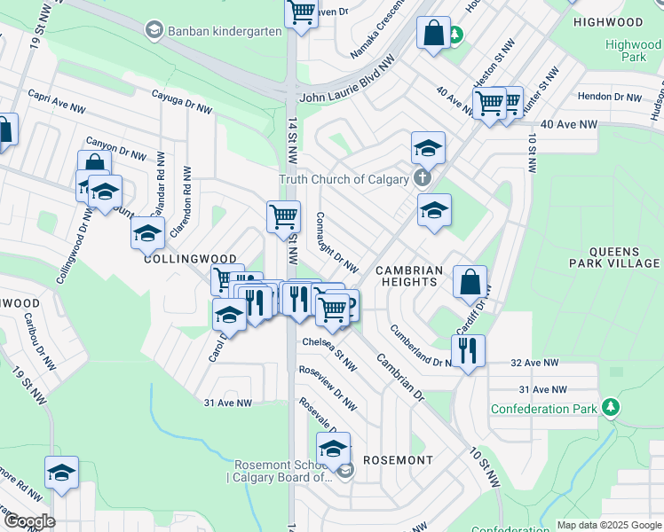 map of restaurants, bars, coffee shops, grocery stores, and more near 10 Cornell Road Northwest in Calgary