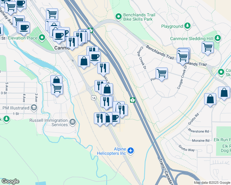 map of restaurants, bars, coffee shops, grocery stores, and more near in Canmore