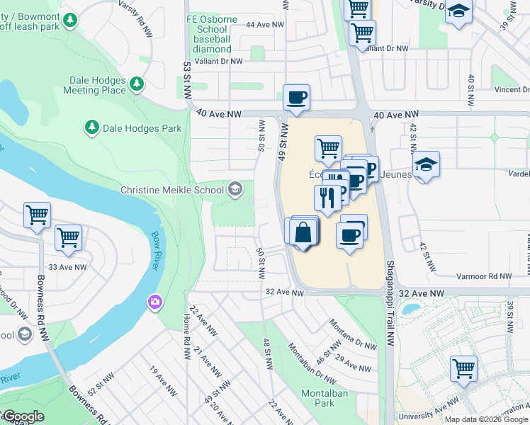 map of restaurants, bars, coffee shops, grocery stores, and more near 3607 49 Street Northwest in Calgary