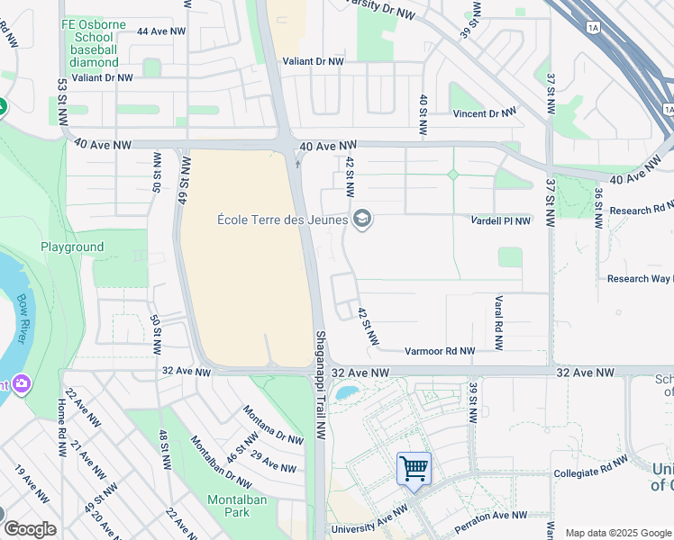 map of restaurants, bars, coffee shops, grocery stores, and more near 3543 Shaganappi Trail Northwest in Calgary