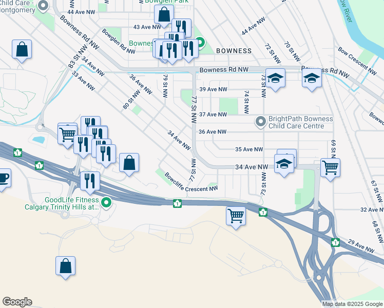 map of restaurants, bars, coffee shops, grocery stores, and more near 1731 77 Street Northwest in Calgary