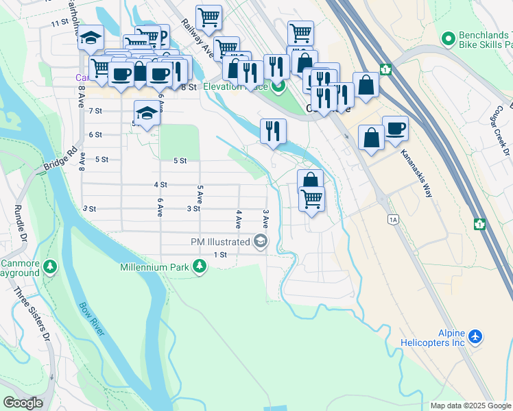 map of restaurants, bars, coffee shops, grocery stores, and more near 422 3 Street in Canmore
